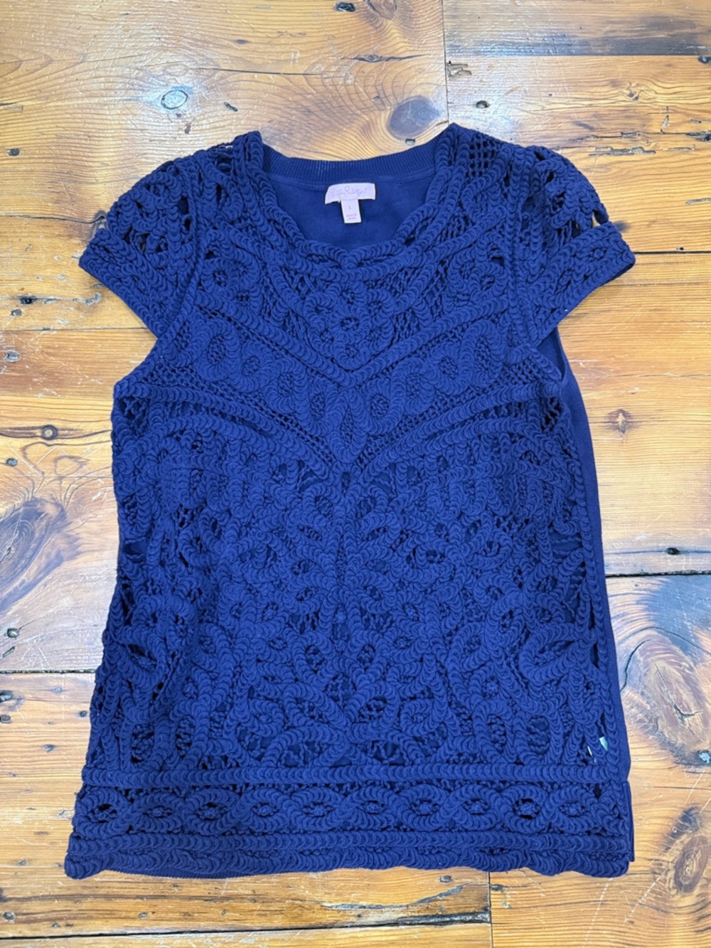 Lilly Pulitzer Navy Crochet Short-Sleeve Camisole Sweater Shirt Size Large